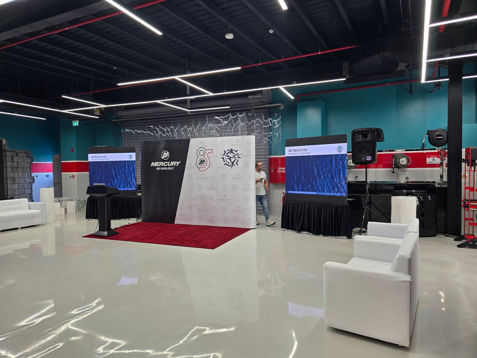 Mercury showroom interior stage and AV setup