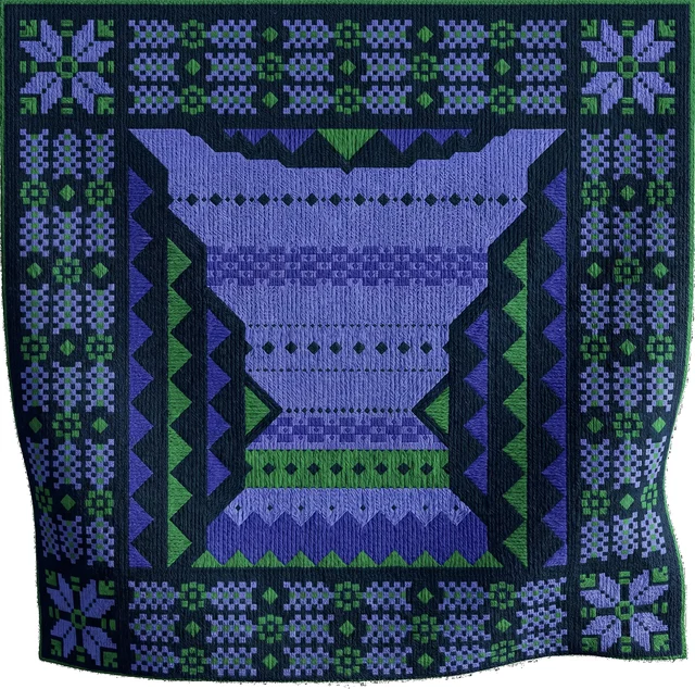 Giving — official Saudi National Day 96 emblem: the giving motif woven in traditional sadu textile pattern